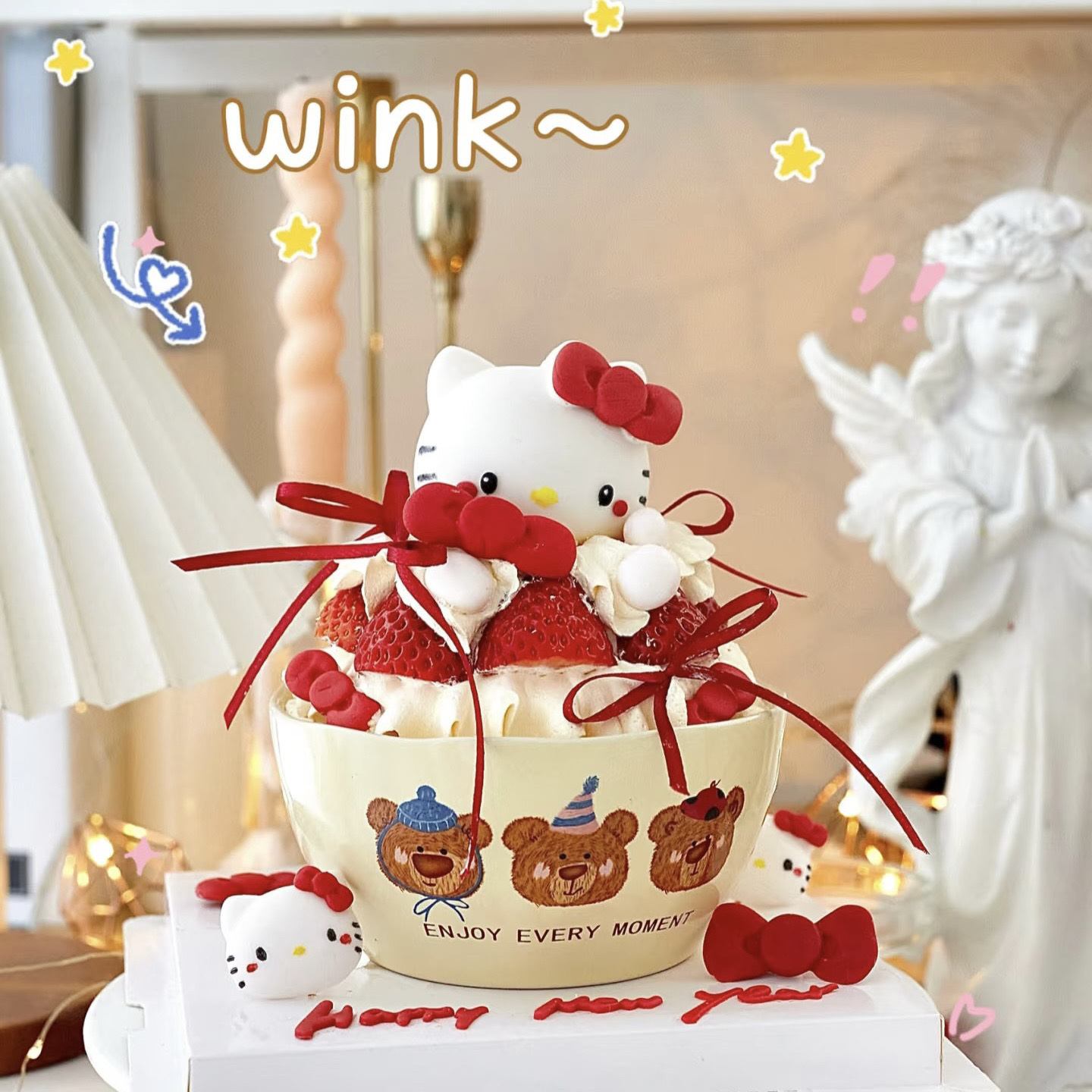 网红新年圣诞节韩国ins风KT猫草莓蛋糕三只小熊陶瓷碗创意甜品盆