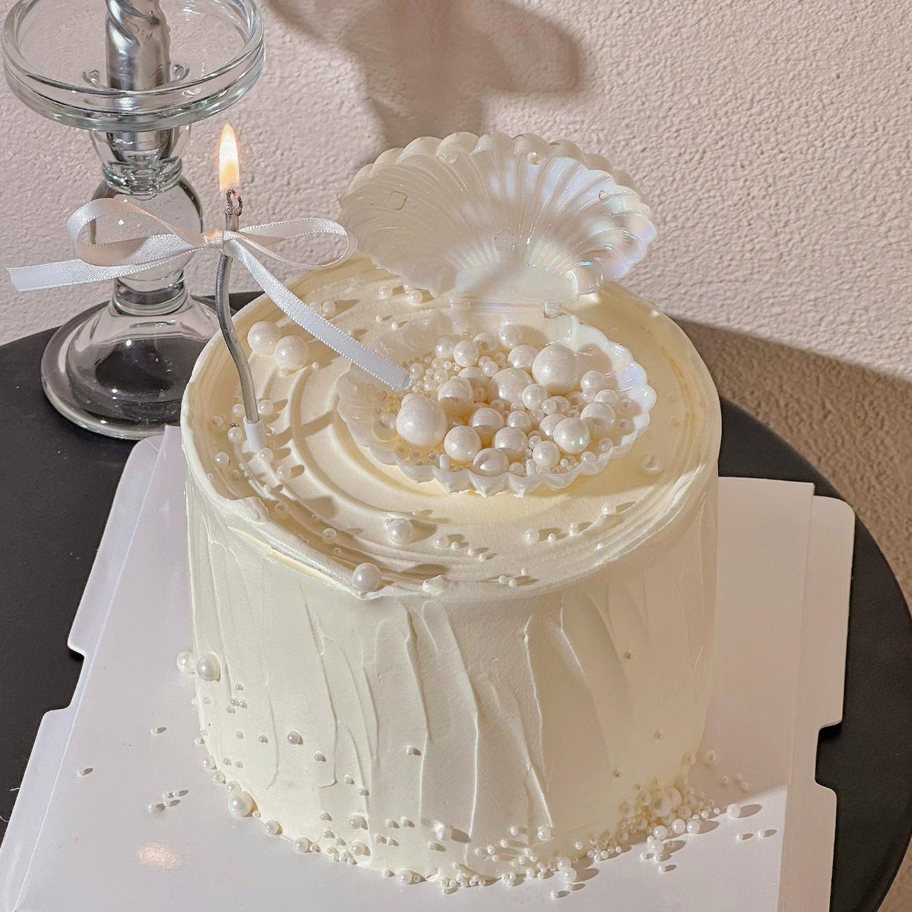 唯美贝壳珍珠生日蛋糕装饰摆件简约丝带蝴蝶结曲线蜡烛甜品台装扮