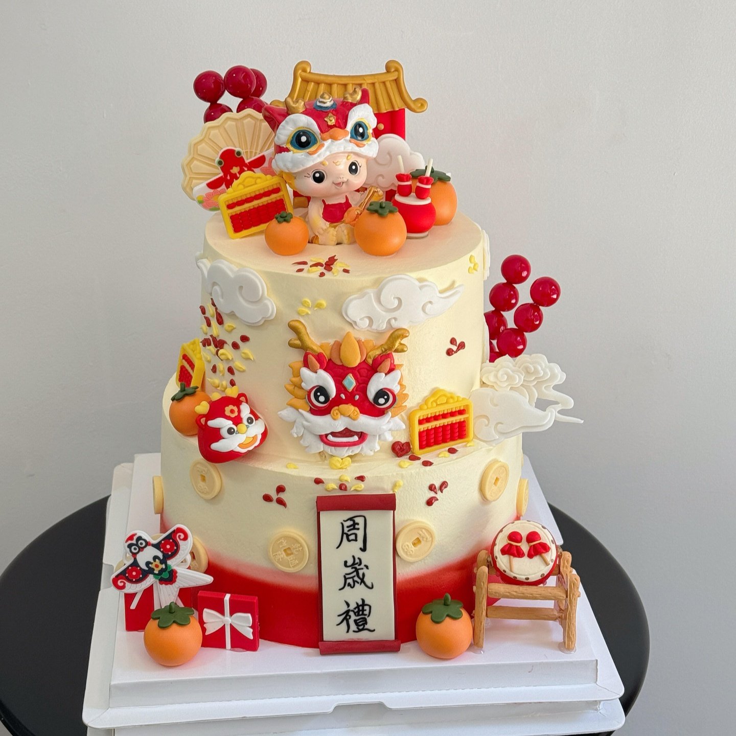 中式国风狮帽男孩蛋糕装饰舞狮宝宝儿童周岁生日派对烘焙甜品装扮