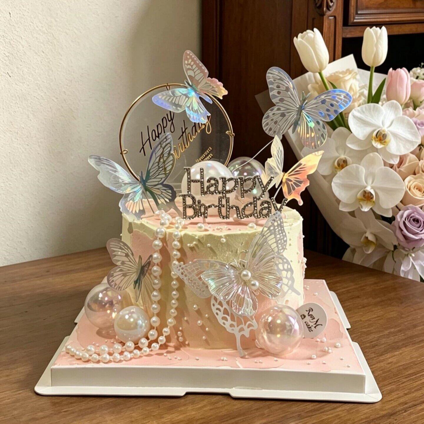 网红唯美女神生日蛋糕装饰生日快乐水钻插牌立体幻彩珍珠蝴蝶插件