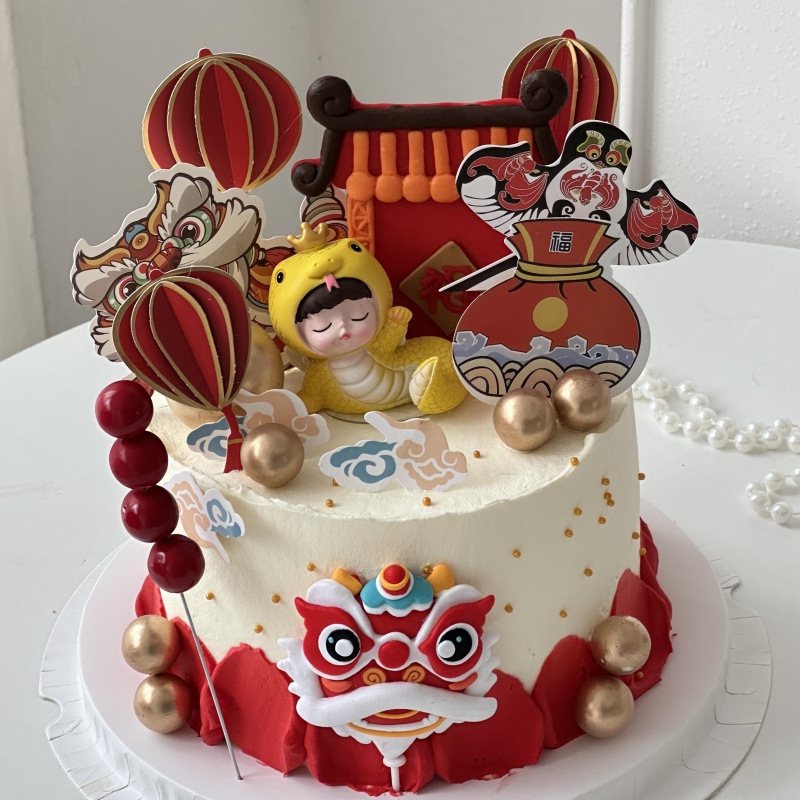 国风舞狮可爱蛇宝宝蛋糕装饰摆件糖葫芦福门百天满月甜品台配件