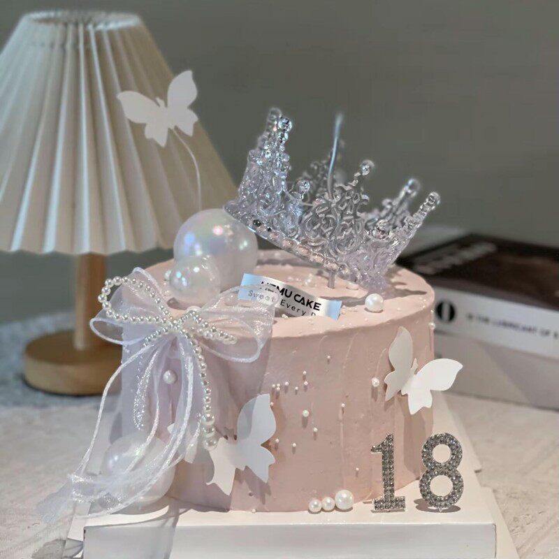 唯美透明水晶皇冠蛋糕装饰珍珠蝴蝶结女神小公主生日甜品装扮配件