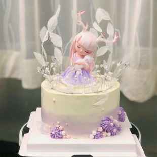 幽静之鹿蛋糕装饰摆件网红仙女抱猫小女孩生日蛋糕插牌插件配件