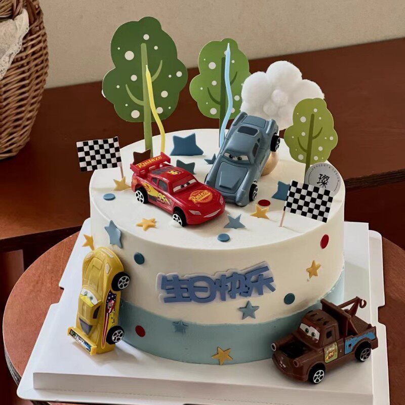 儿童生日赛车闪电麦昆蛋糕装饰摆件扭扭蜡烛赛车插旗烘焙装扮插件
