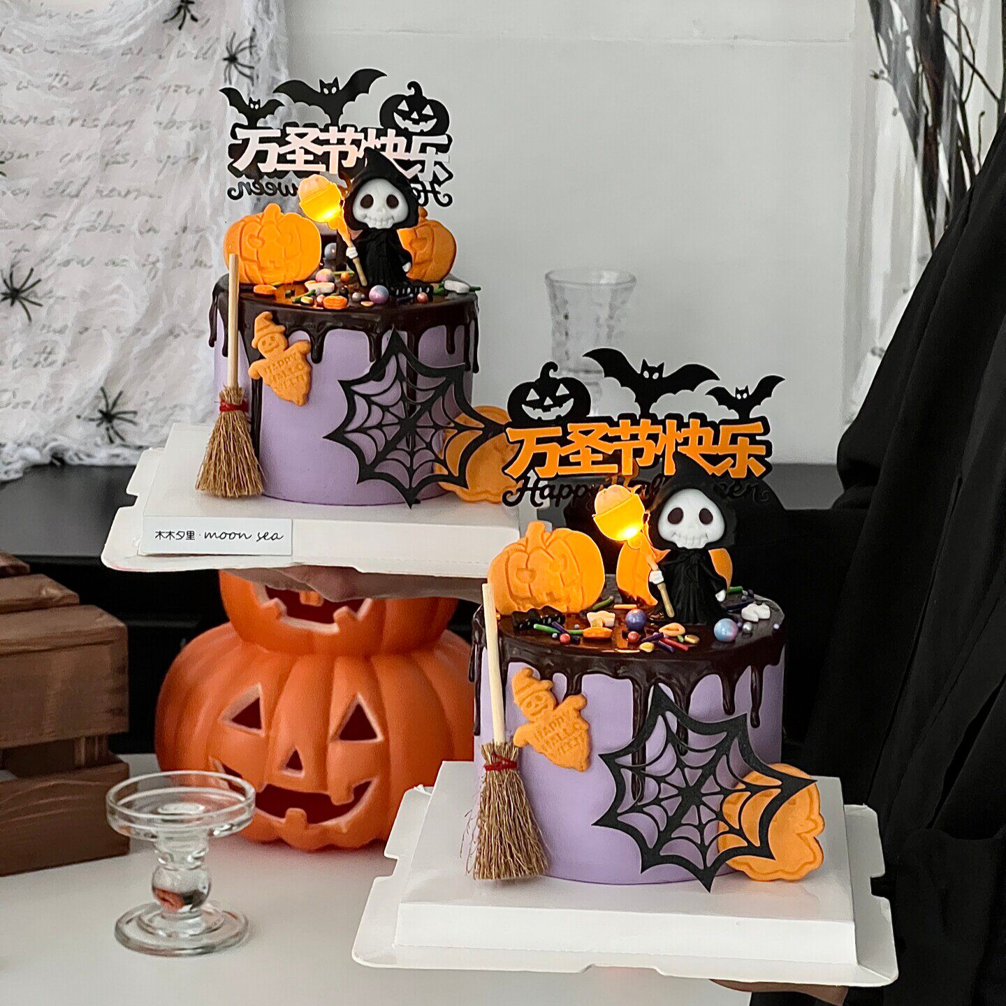 网红幽灵城堡万圣节蛋糕装饰蝙蝠恶魔南瓜表情亚克力节日插件插牌