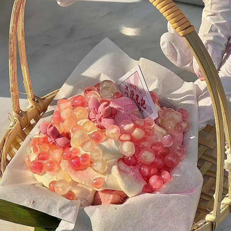 网红同款樱花奶豆腐手提竹篮子装饰打包甜品小熊造型饼干装扮配件