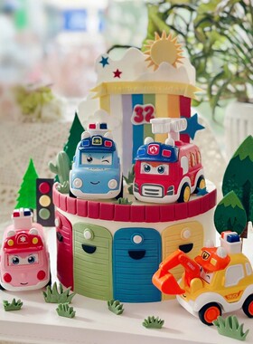 网红Q萌儿童按压小汽车蛋糕装饰摆件卡通警车消防车生日烘焙配件