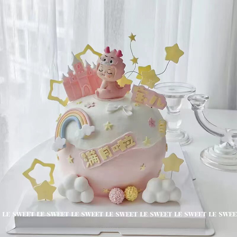 网红树脂龙宝宝蛋糕装饰摆件周岁满月五角星彩虹生日甜品装扮配件