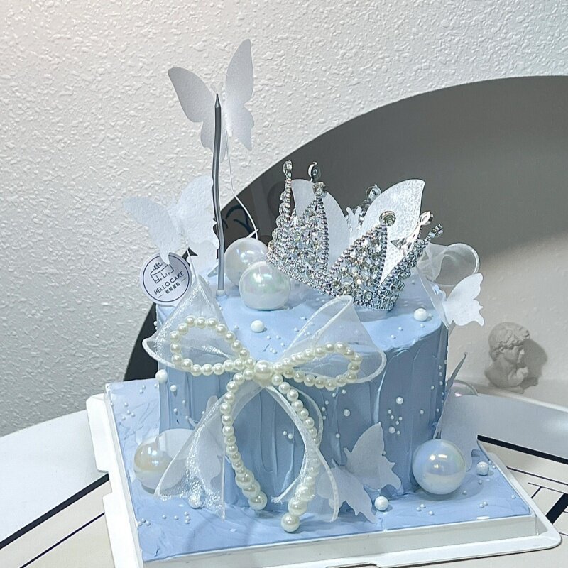 唯美全钻皇冠蛋糕装饰摆件珍珠蝴蝶结女神生日派对烘焙甜品台装扮