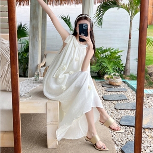 绝美挂脖连衣裙女2025夏季 露肩仙女吊带裙 新款 海边度假沙滩裙无袖