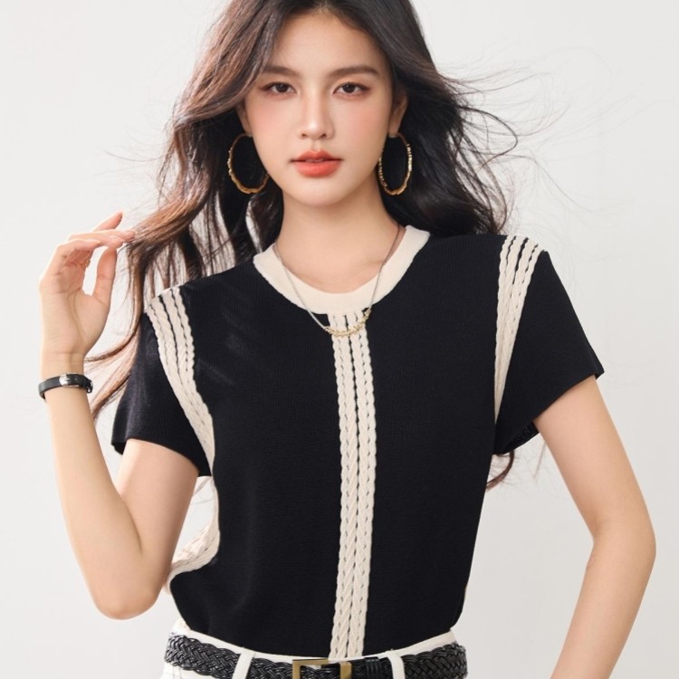 圆领正肩针织短袖T恤女2025年夏季新款时尚气质修身拼色休闲上衣