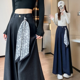 2025春秋季新款天丝软牛仔阔腿裤女丝巾装饰高腰显瘦西装休闲长裤