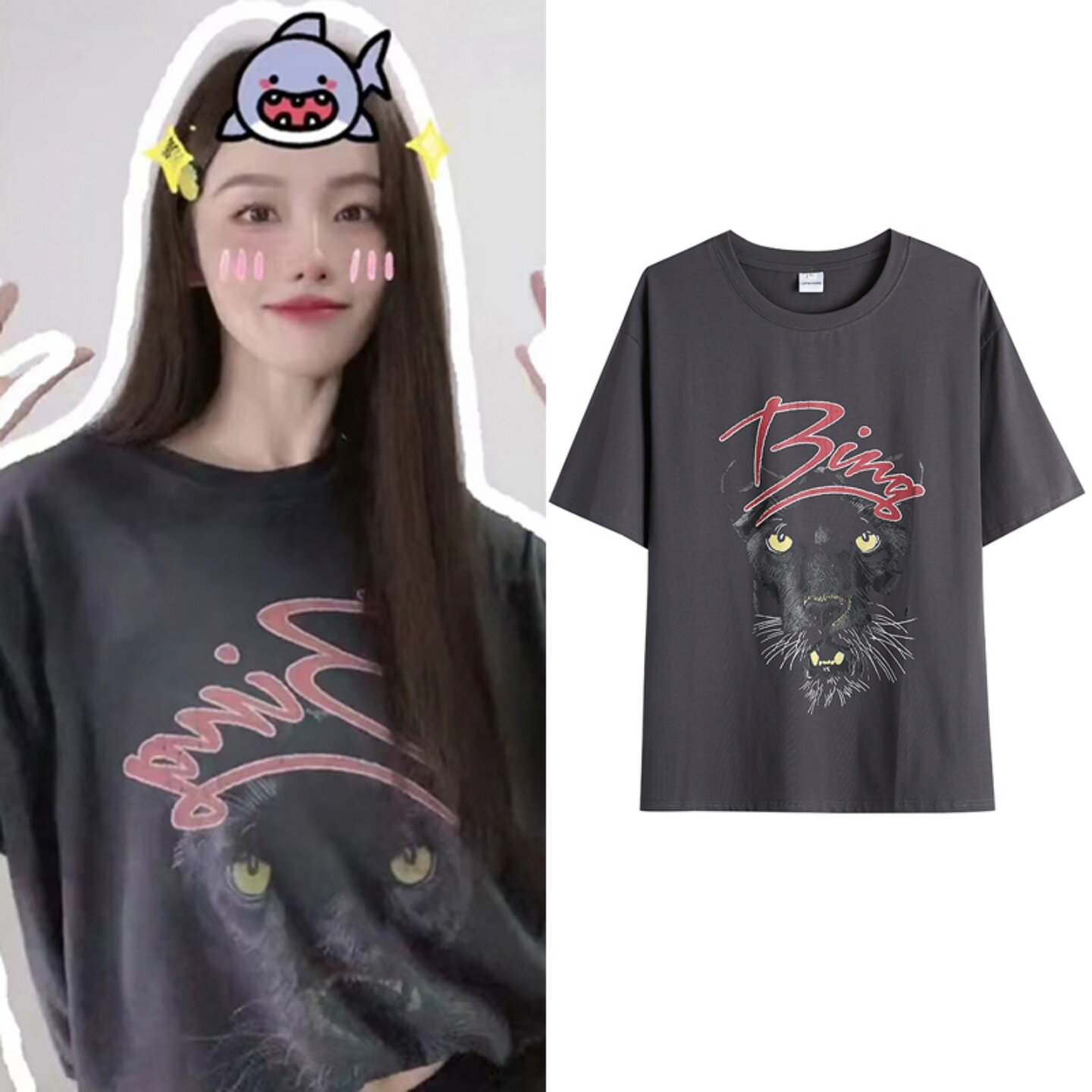张嘉倪明星浪姐同款灰色t恤女美式复古卡通印花宽松纯棉短袖上衣