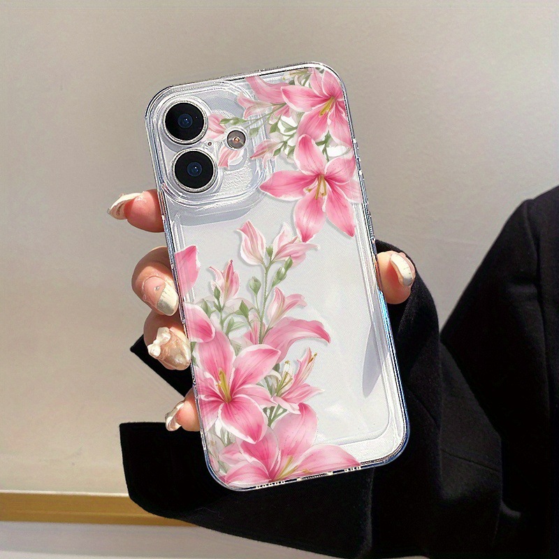 适用苹果15promax手机壳16 17新款15精孔太空壳7/8软壳11粉色百合