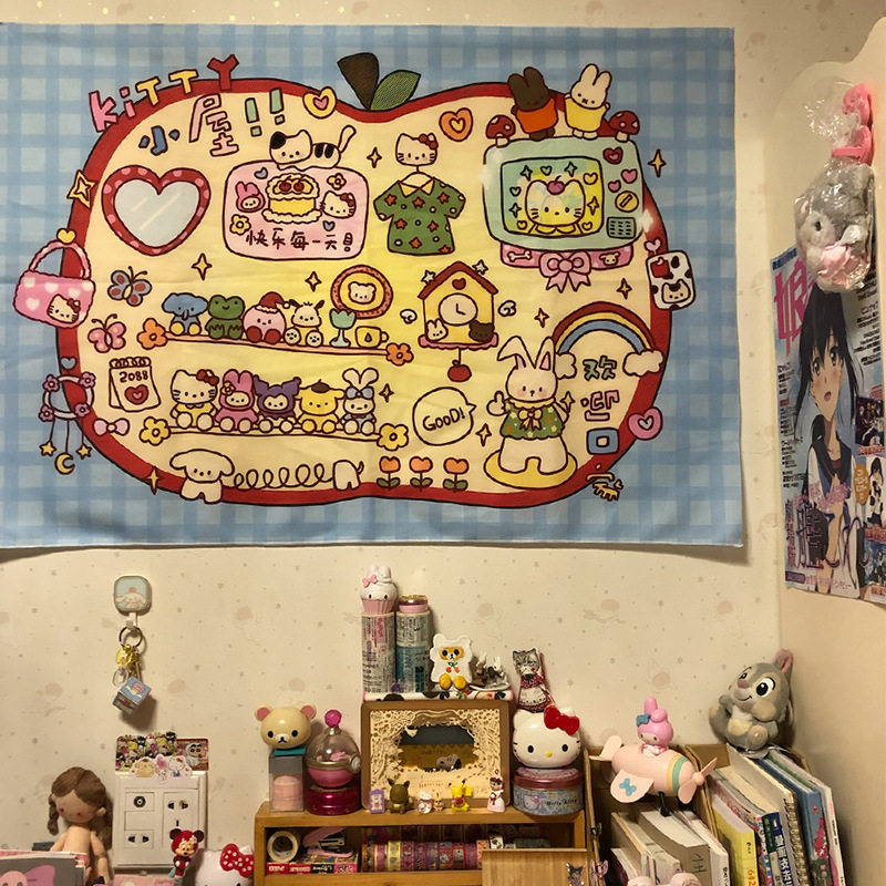 helloKitty宿舍电脑桌挂布网红卡通墙布房间卧室挂毯可爱装饰画