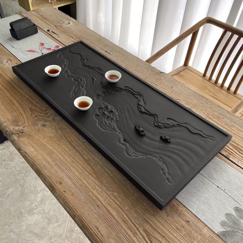 乌金石茶盘家用泡茶石头茶台简约轻奢茶海黑石浮雕排水盘功夫茶具