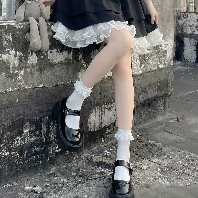 洛丽塔袜子女夏季薄款中筒白色蕾丝蝴蝶结花边短袜天鹅绒冰冰袜潮