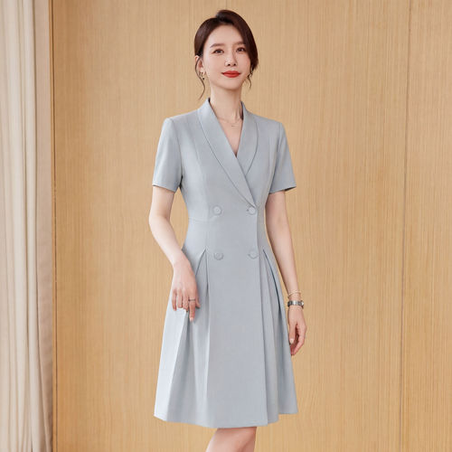 浅蓝色西装连衣裙女2026夏季气质收腰职业裙子上班通勤面试工作服