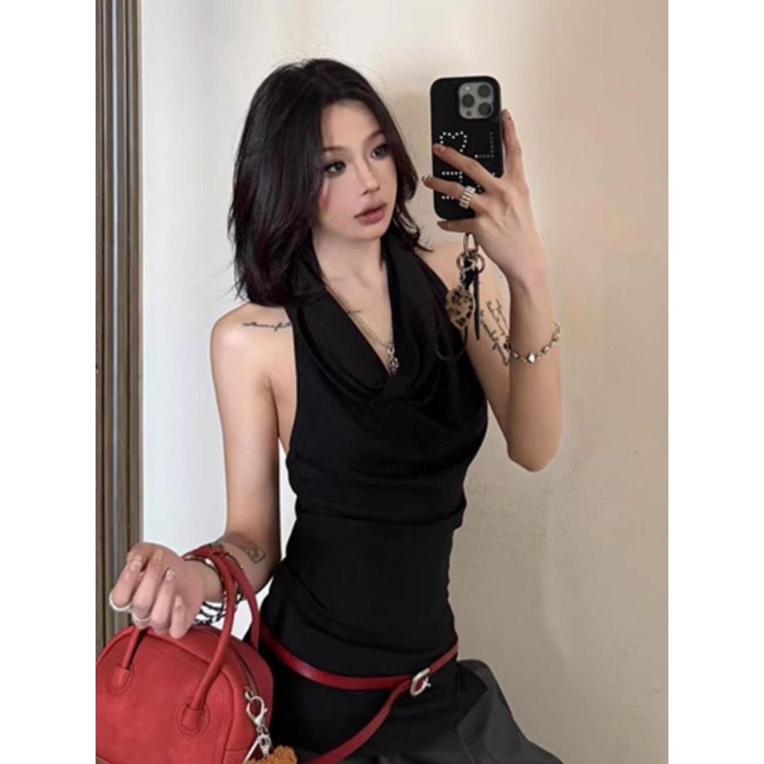 莫代尔棉黑色荡领挂脖吊带背心女夏季内搭外穿修身显瘦无袖上衣潮