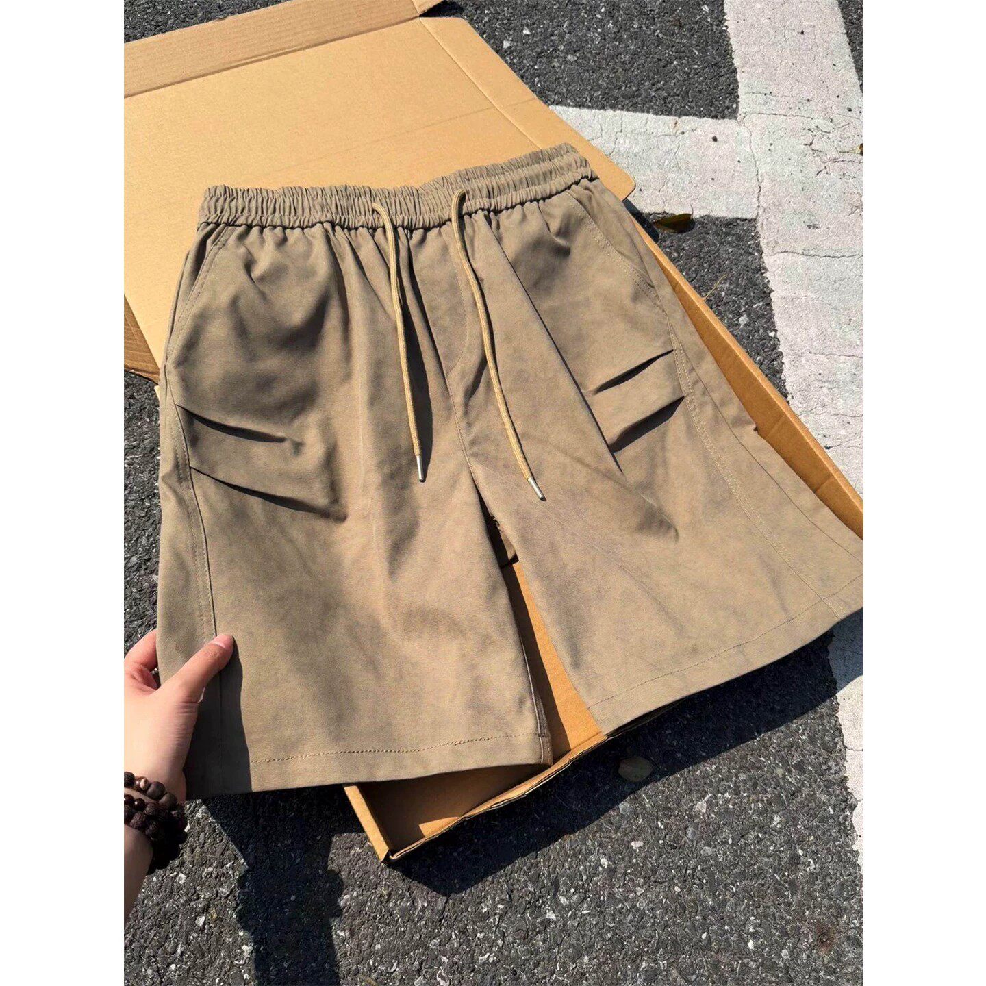 美式复古棕色工装短裤男款夏季褶皱暗纹设计感直筒运动休闲五分裤