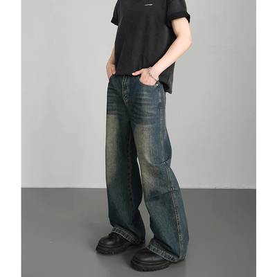 复古黄泥染牛仔裤美式复古做旧