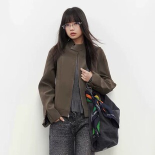 复古灰绿棕色立领皮衣外套女早秋小个子修身显瘦短款机车皮夹克