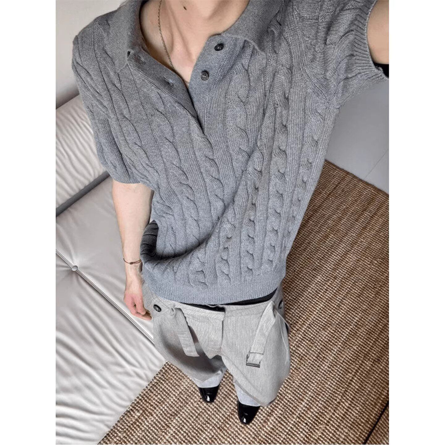 美式复古麻花polo衫针织短袖男款夏季老钱风正肩t恤cleanfit半袖