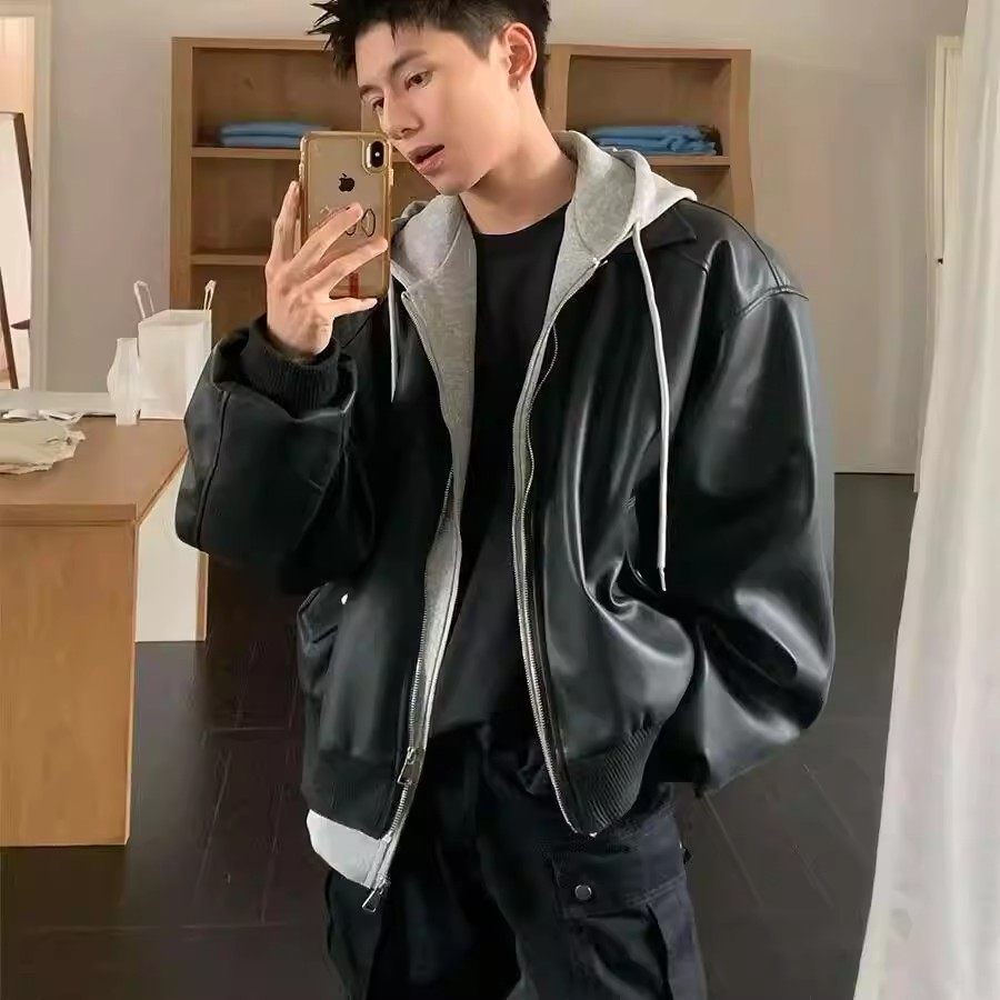 秋冬连帽假两件外套男高级感痞帅机车服PU皮夹克拼接情侣上衣潮流