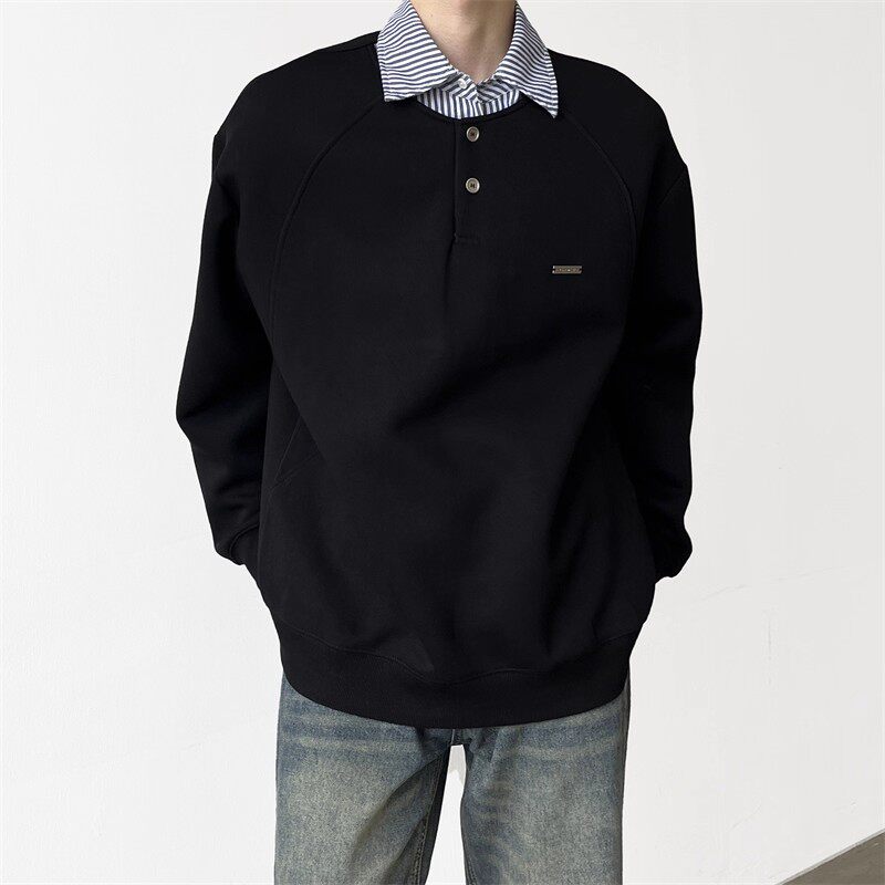 美式学院风拼接假两件翻领卫衣男