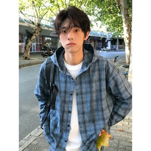 夏季美式复古蓝色长袖防晒衣男女款格子衬衫户外轻薄连帽冰丝外套