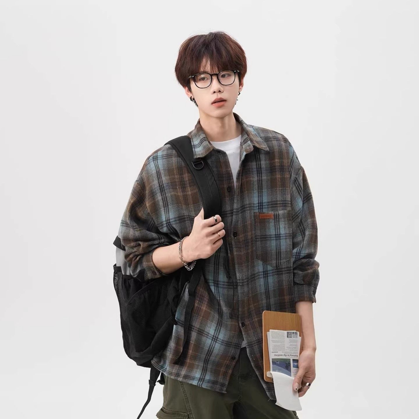 美式复古磨毛格子衬衫男潮牌cleanfit慵懒感撞色衬衣宽松百搭外套,男装,衬衫,淘宝优惠券,粉丝福利购,淘宝优惠卷