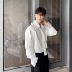 白色长袖 高级感领带垫肩设计衬衫 男垂坠感小众大尖领宽松法式 衬衣