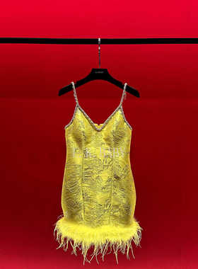 【L.K.BABY】美轮美奂  新中式暗纹国风银丝提花羽毛吊带连衣裙