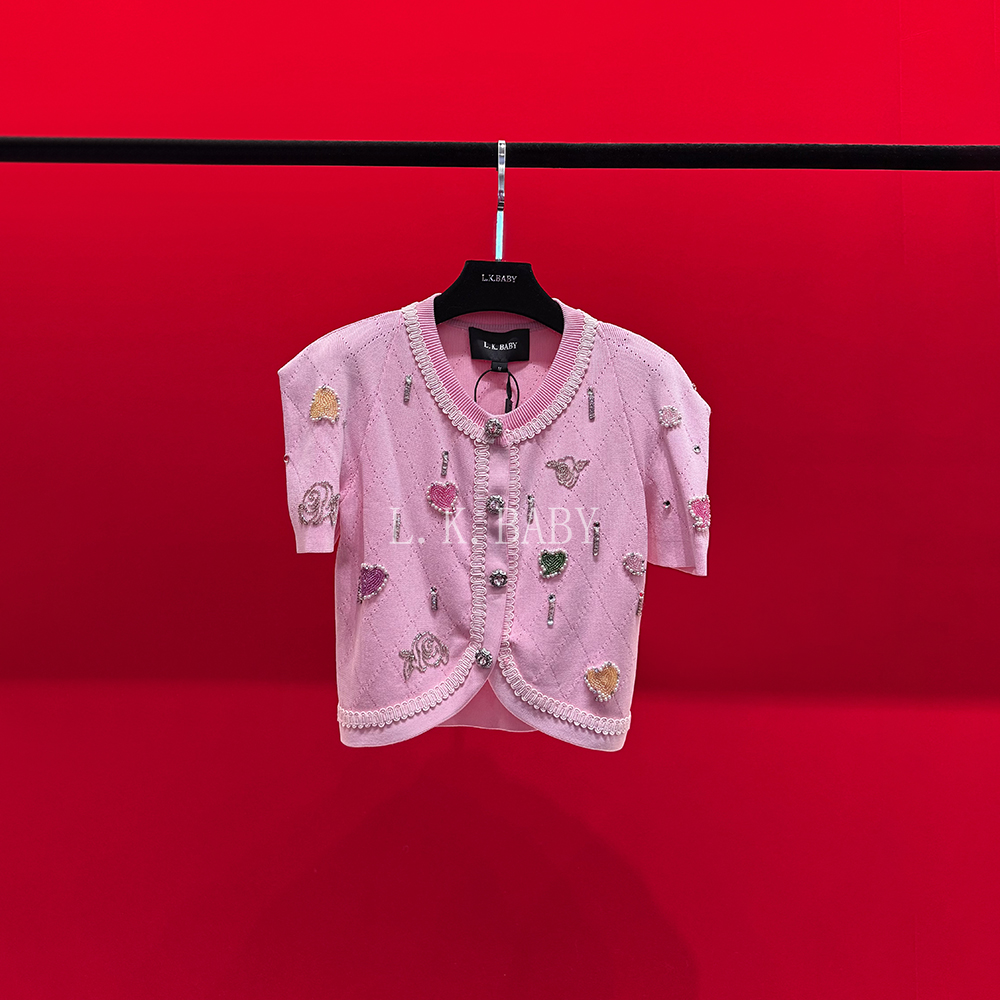 【LK.BABY】法式重工钉珠V领短袖针织衫