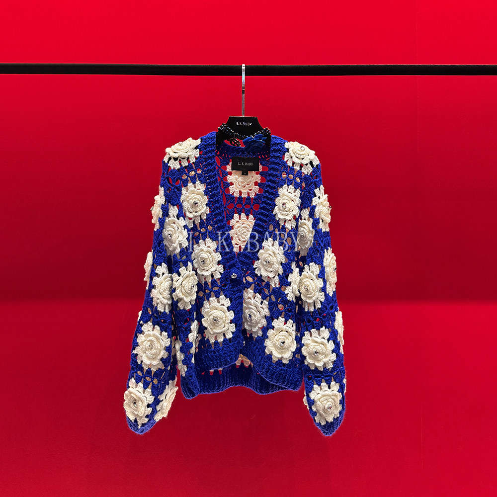 【L.K.BABY】 青花瓷  法式浪漫立体玫瑰别致镂空钩花羊毛外套