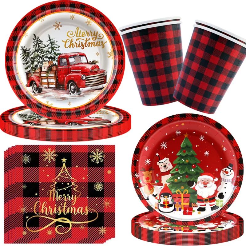 Christmas Theme Party Tableware Red Plaid Christmas Car Disp