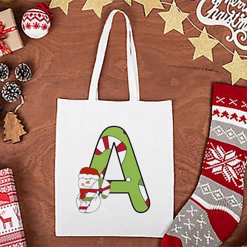 Christmas Canvas Shoulder Bag Letter Candy Cane Pattern Cart