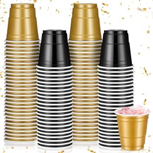 100Pack 2OZ Party Cups Plastic Gold and Black Shot Glasses D