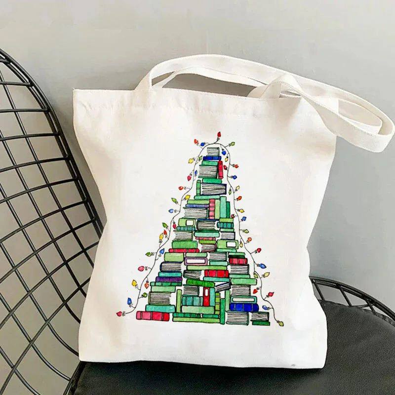 Christmas Book Stack Tree Canvas Shoulder Bag Colorful Strin
