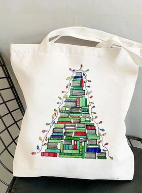 Christmas Book Stack Tree Canvas Shoulder Bag Colorful Strin