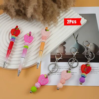 2pcs Nurse Teacher Theme Bead Pen and Keychain Set Matte Sil