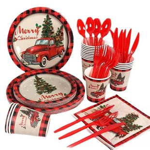 16pcs Christmas Themed Party Paper Cup Paper Tray Set Dispos