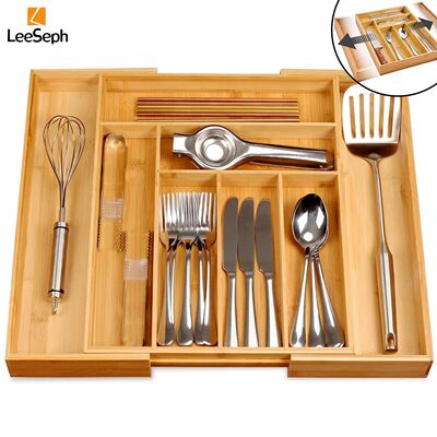 Bamboo Drawer Organizer Expandable and Adjustable Utensil Dr