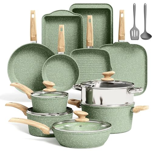 17-Piece Induction Cookware Set with Griddle Green Granite N