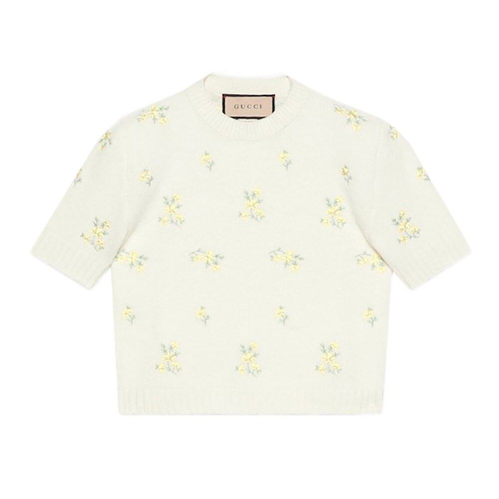 GUCCI/古驰23新款 女士象牙色羊毛羊绒小黄花刺绣短袖毛衣