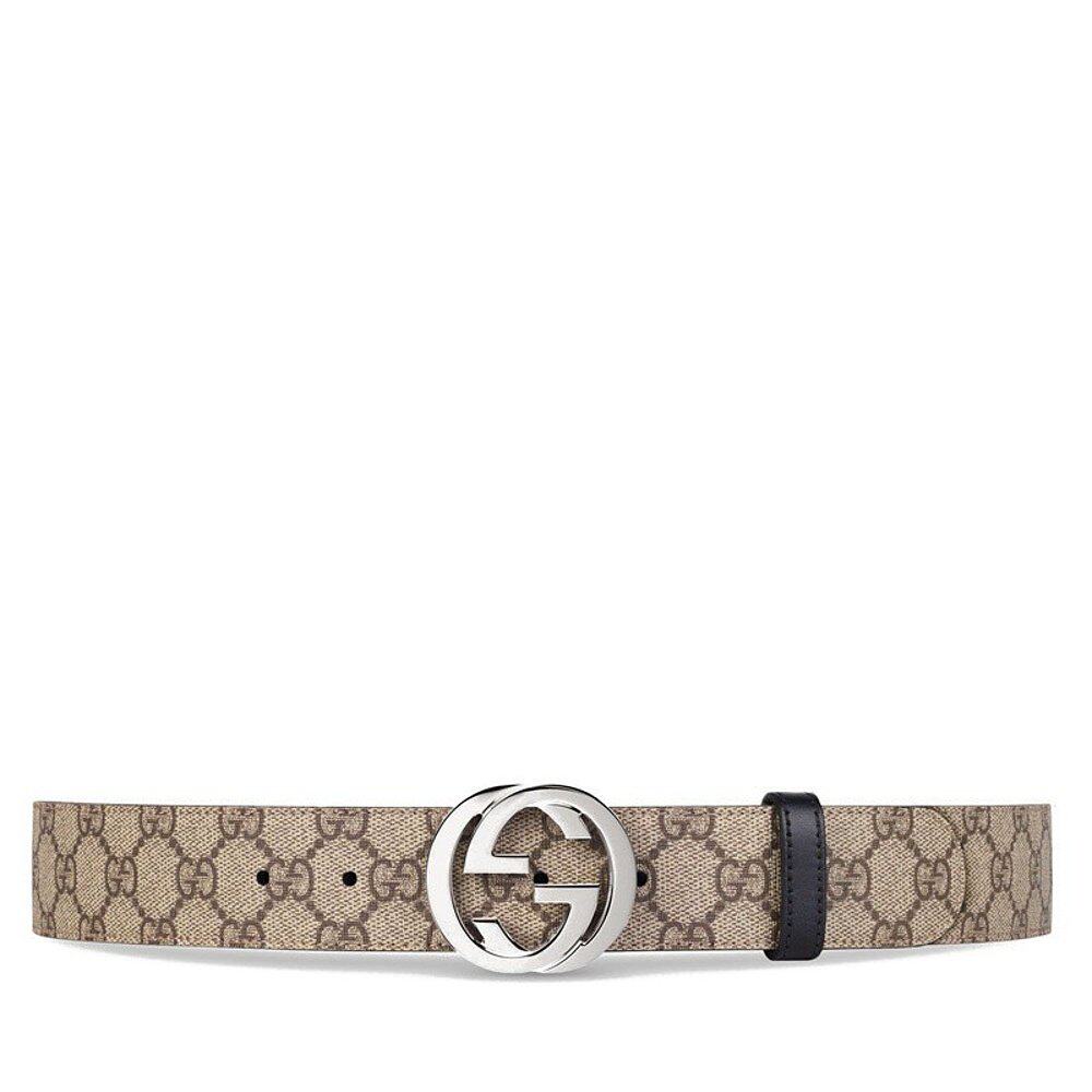 GUCCI/古驰 经典款男士双面米色帆布黑色皮革银色双G扣腰带