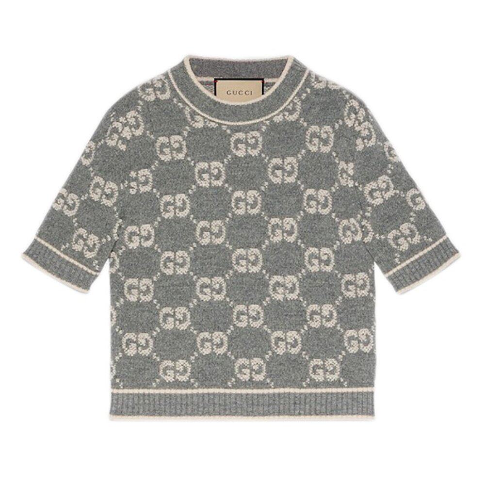 GUCCI/古驰23新款 女士米灰色羊毛提花GG印花短袖短款毛衣