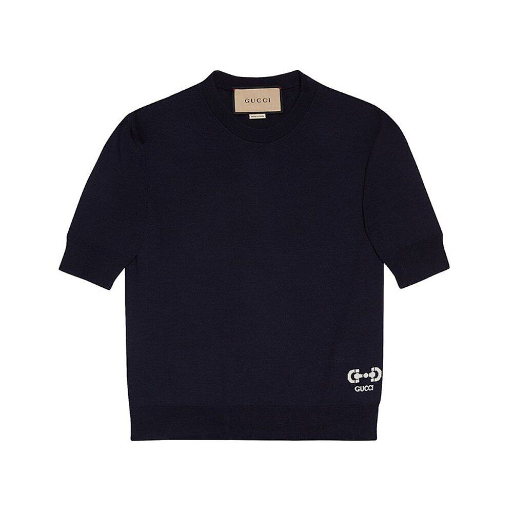 GUCCI/古驰23新款 女海军蓝超细羊毛修身短袖针织衫