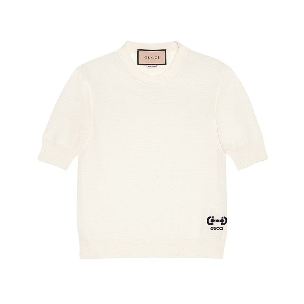 GUCCI/古驰23新款 女象牙白超细羊毛修身短袖针织衫