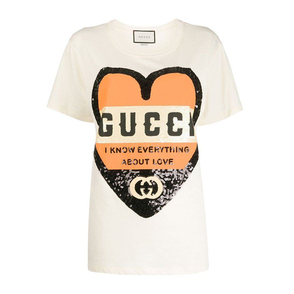 GUCCI 古驰/女士亮片爱心图案棉质短袖T恤492347
